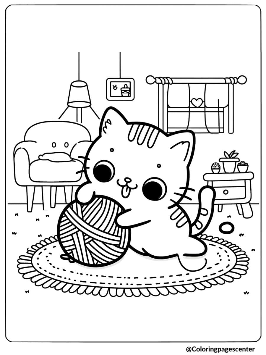 Silly cat playing with a ball of yarn coloring page