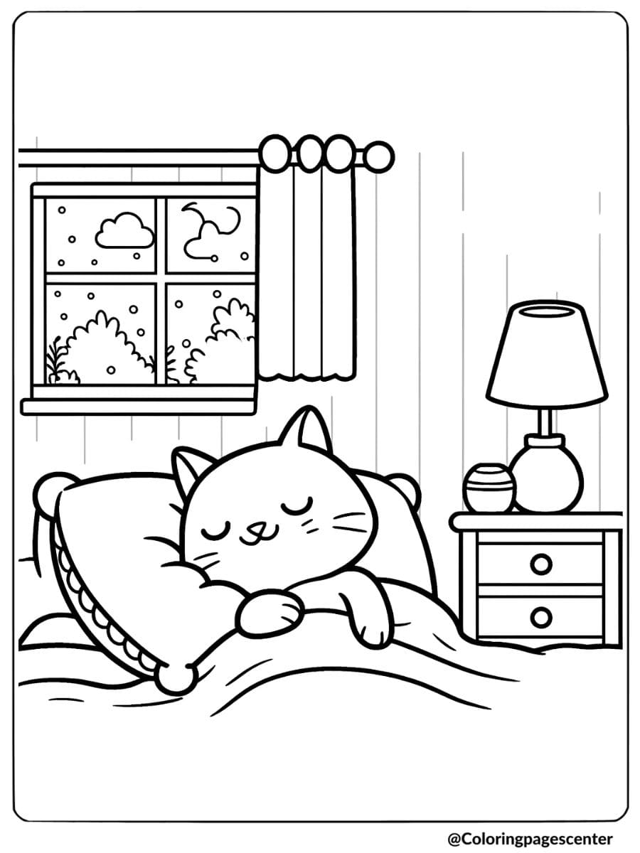 Silly cat sleeping on a pillow coloring page