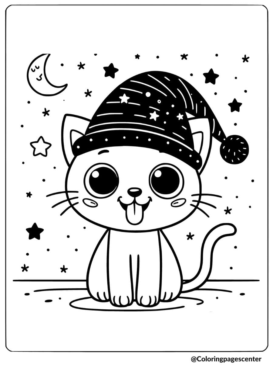 Silly cat wearing a funny hat coloring page