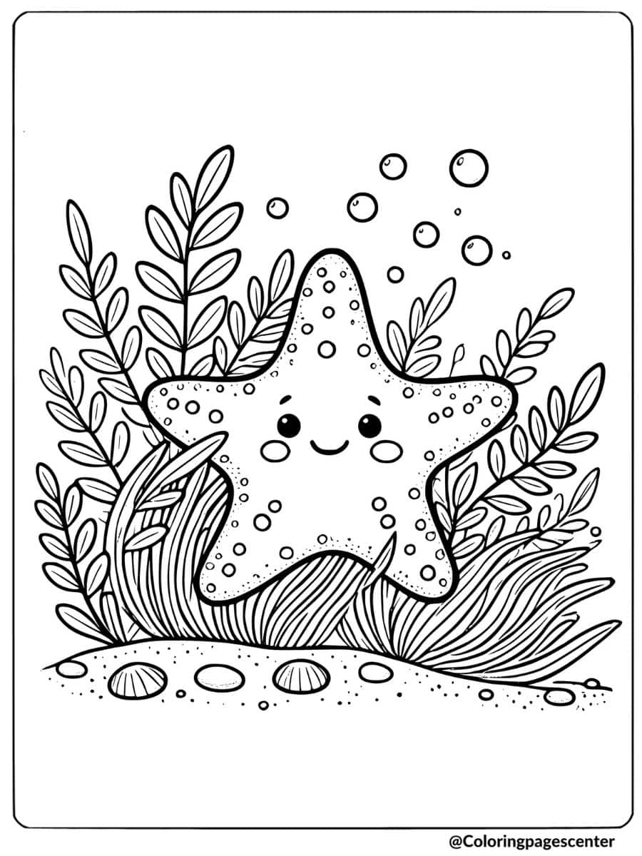 Happy starfish with ocean plants coloring page