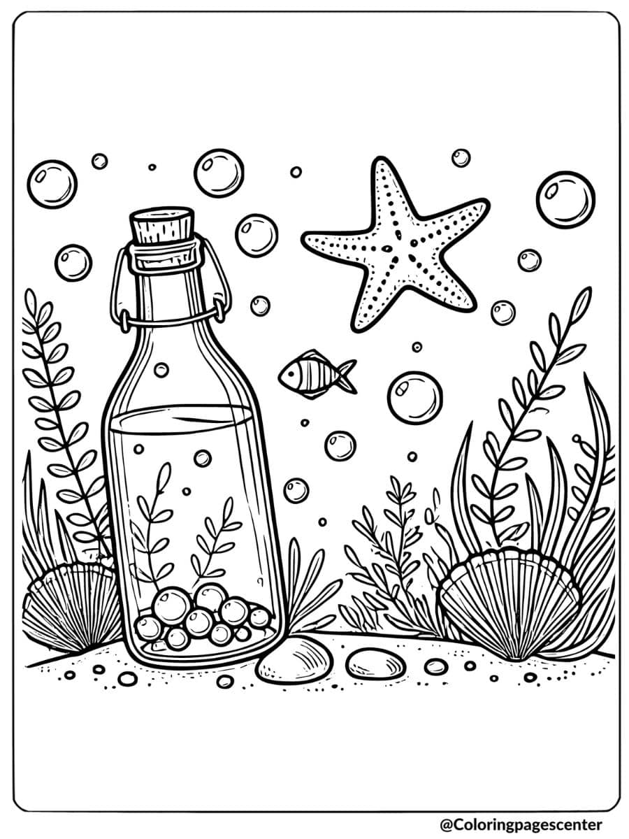 Starfish with bottle and fish underwater coloring page