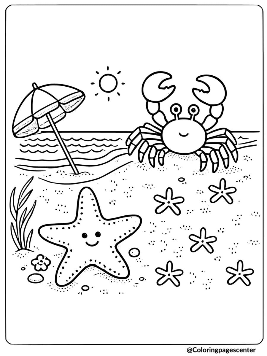 Starfish and crab on sunny beach coloring page