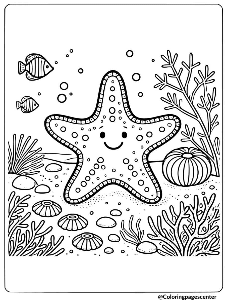 Cute starfish and fish underwater scene coloring page