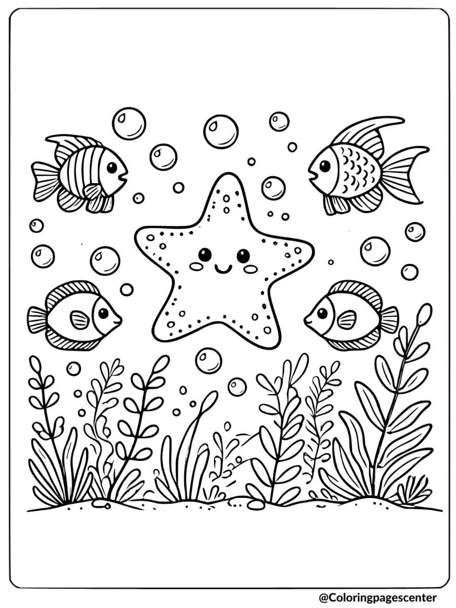 Cute starfish with fish and bubbles coloring page