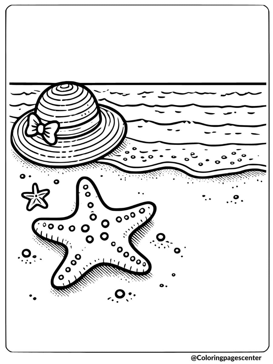 Starfish and hat on beach coloring page