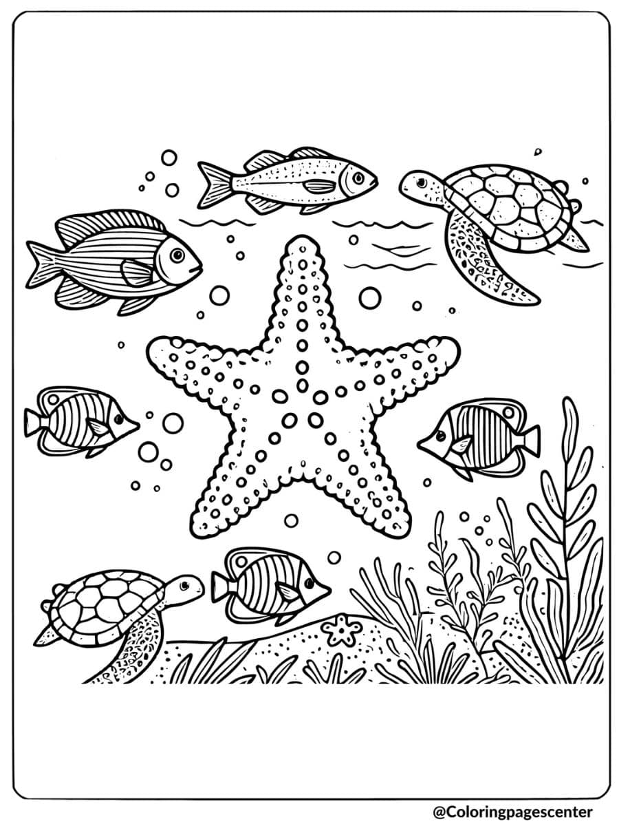 Starfish with fish and turtles underwater coloring page