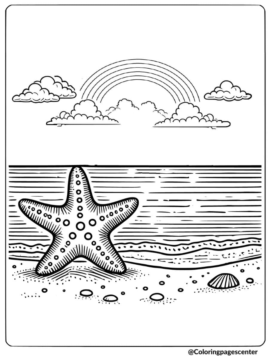 Starfish on beach with rainbow coloring page