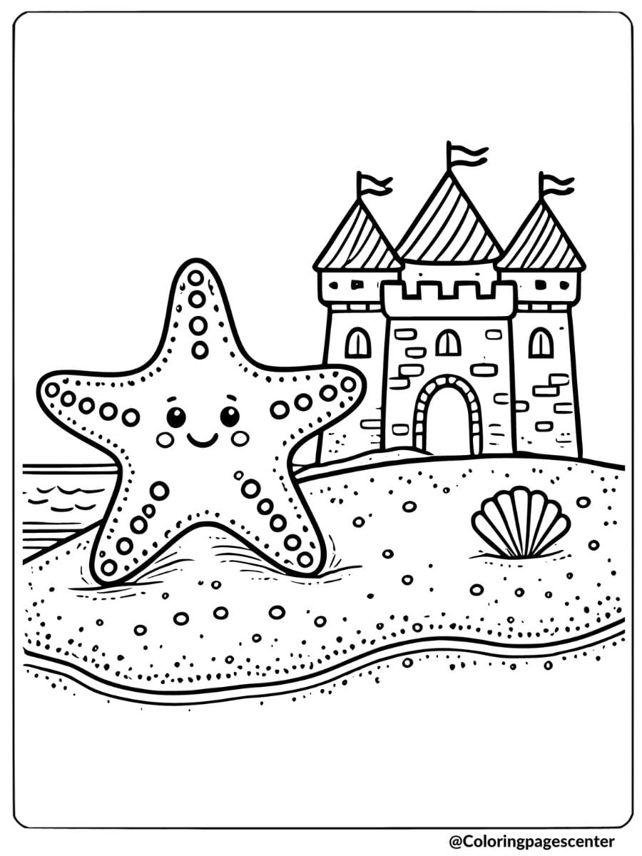 Happy starfish with sandcastle coloring page