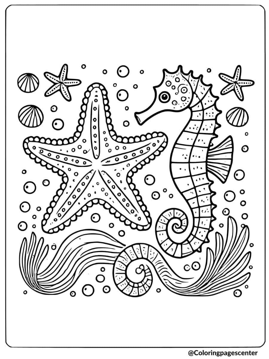 Playful starfish and seahorse coloring page