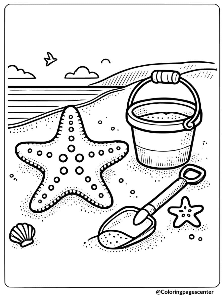 Starfish and sand bucket on beach coloring page