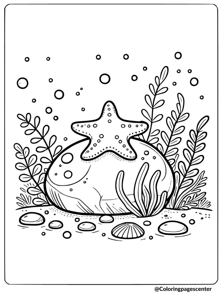 Cheerful starfish with sea plants coloring page