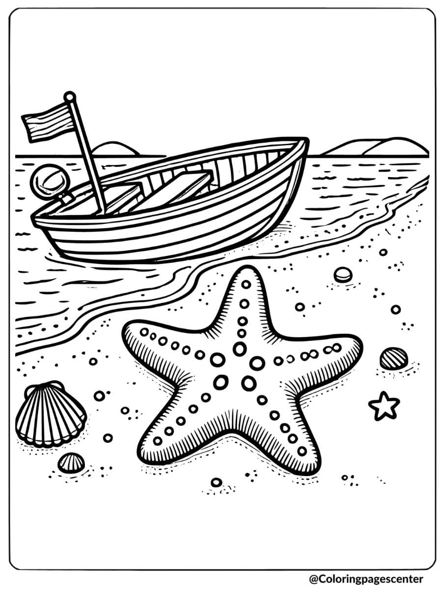 Starfish beside a boat on shore coloring page