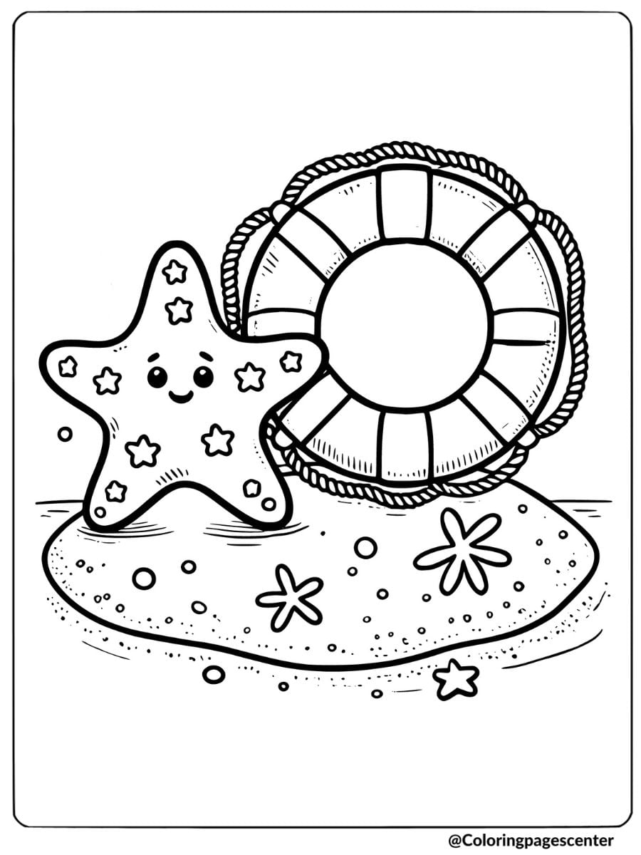 Smiling starfish with lifebuoy coloring page