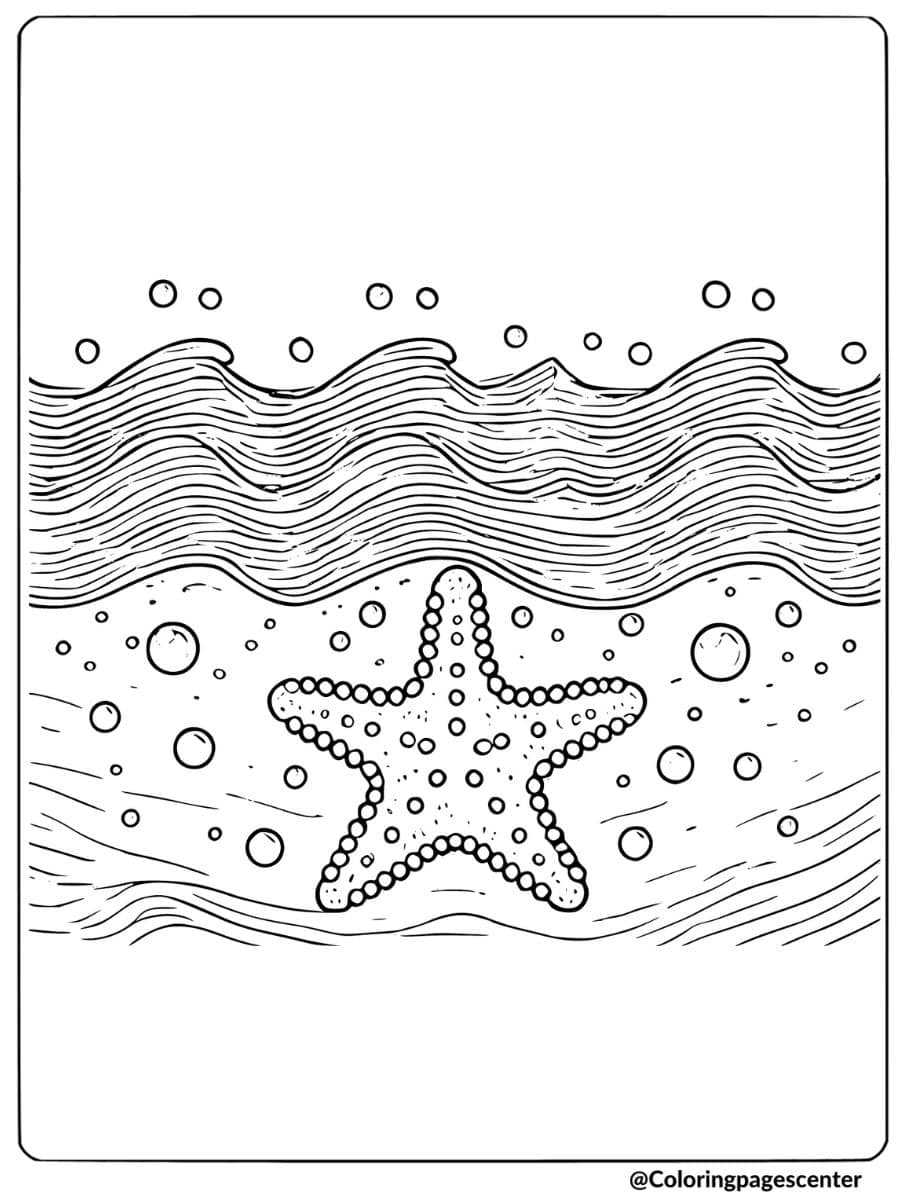 Starfish with ocean waves and bubbles coloring page