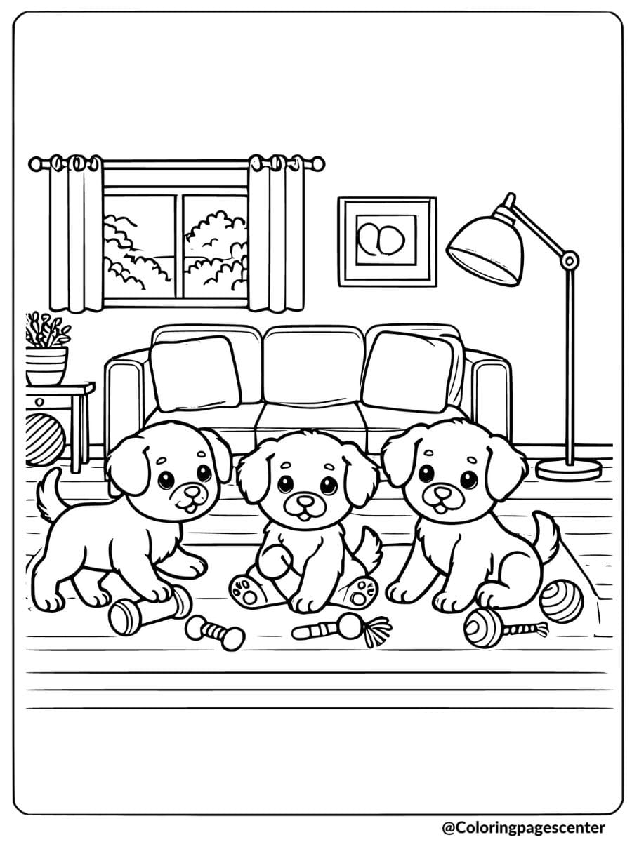 Three dogs playing with toys in the living room coloring page