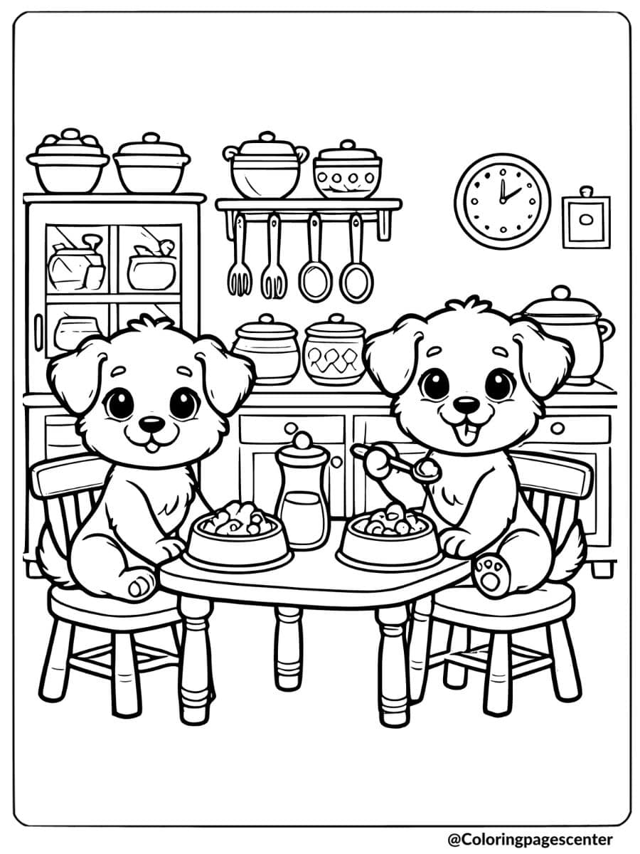 Two dogs eating from bowls in the kitchen coloring page