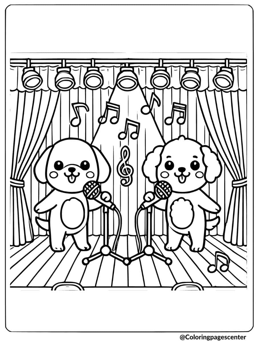 Two dogs singing on a stage with microphones coloring page