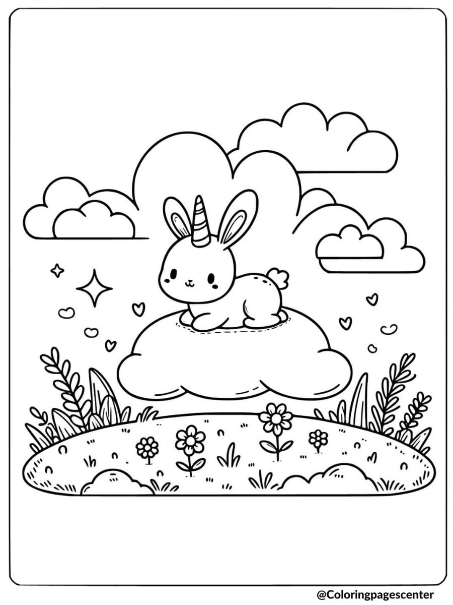 Cute unicorn bunny resting on a cloud coloring page