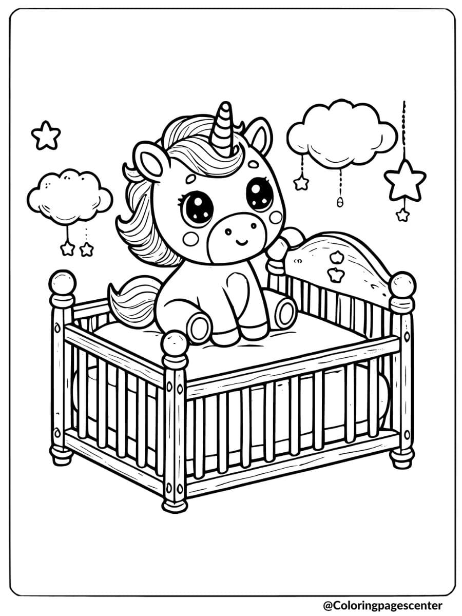 Adorable baby unicorn sitting in a crib coloring page