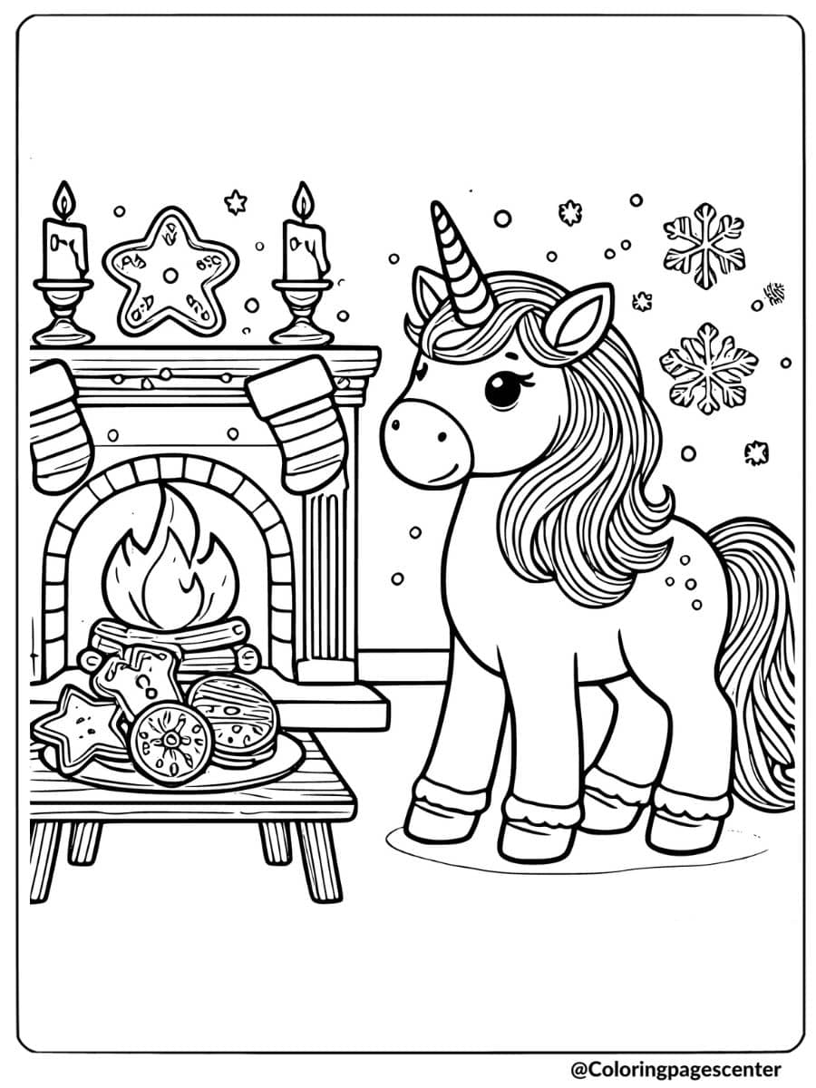 Christmas unicorn standing by fireplace coloring page