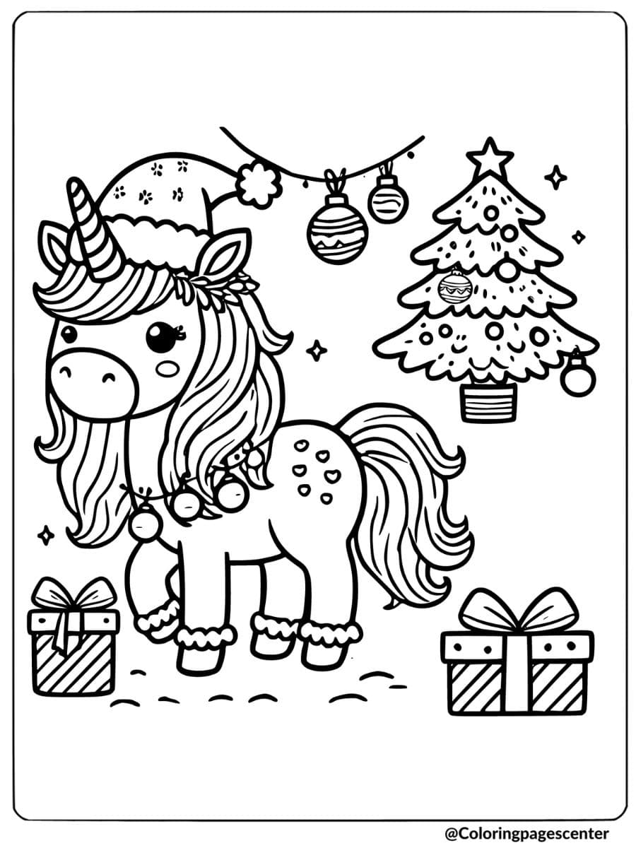 Unicorn wearing Santa hat with Christmas presents coloring page