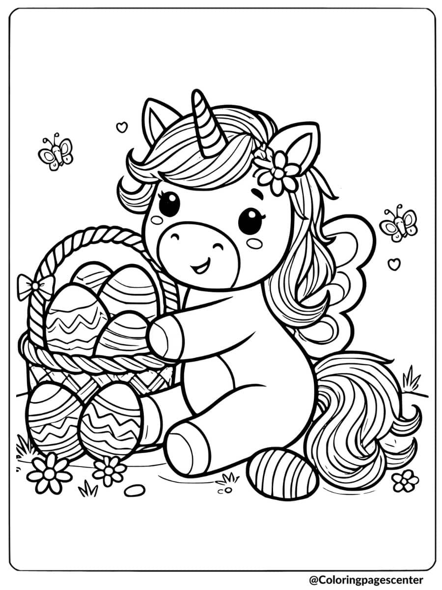 Easter unicorn with a basket of decorated eggs coloring page