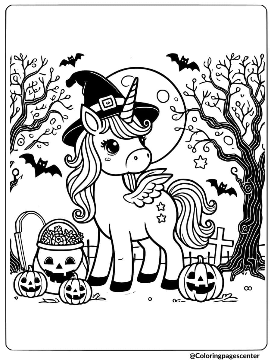 Unicorn dressed as a witch with pumpkins coloring page