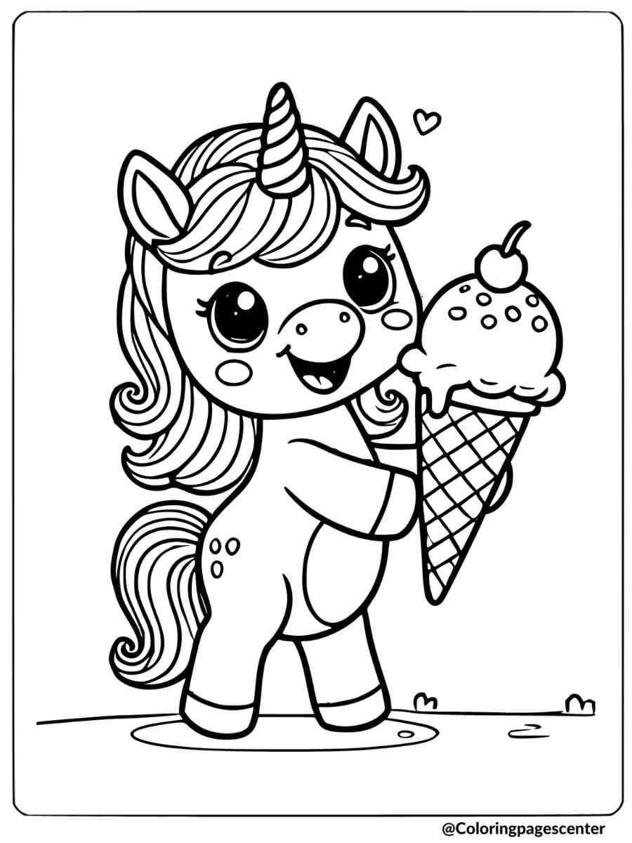 Smiling unicorn holding an ice cream cone coloring page