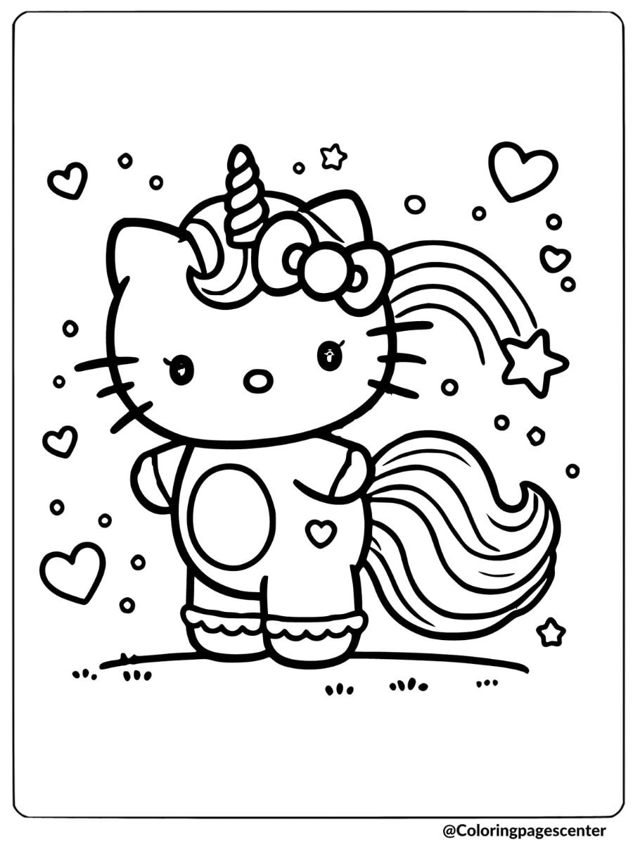 Hello Kitty unicorn with hearts coloring page