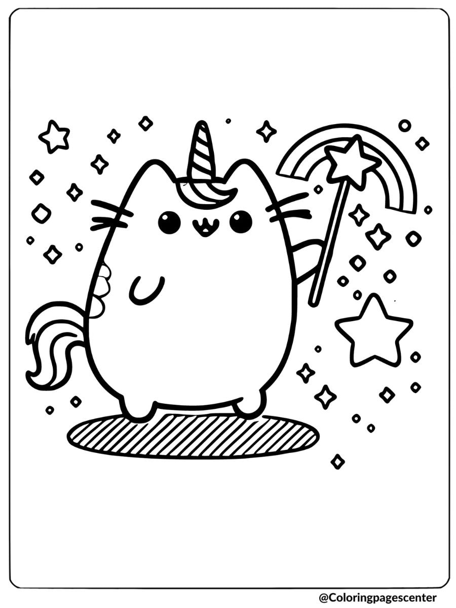 Magical unicorn cat holding a star wand coloring page