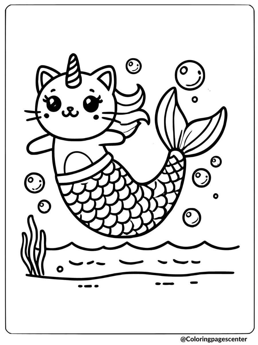 Cute mermaid cat with a unicorn horn coloring page