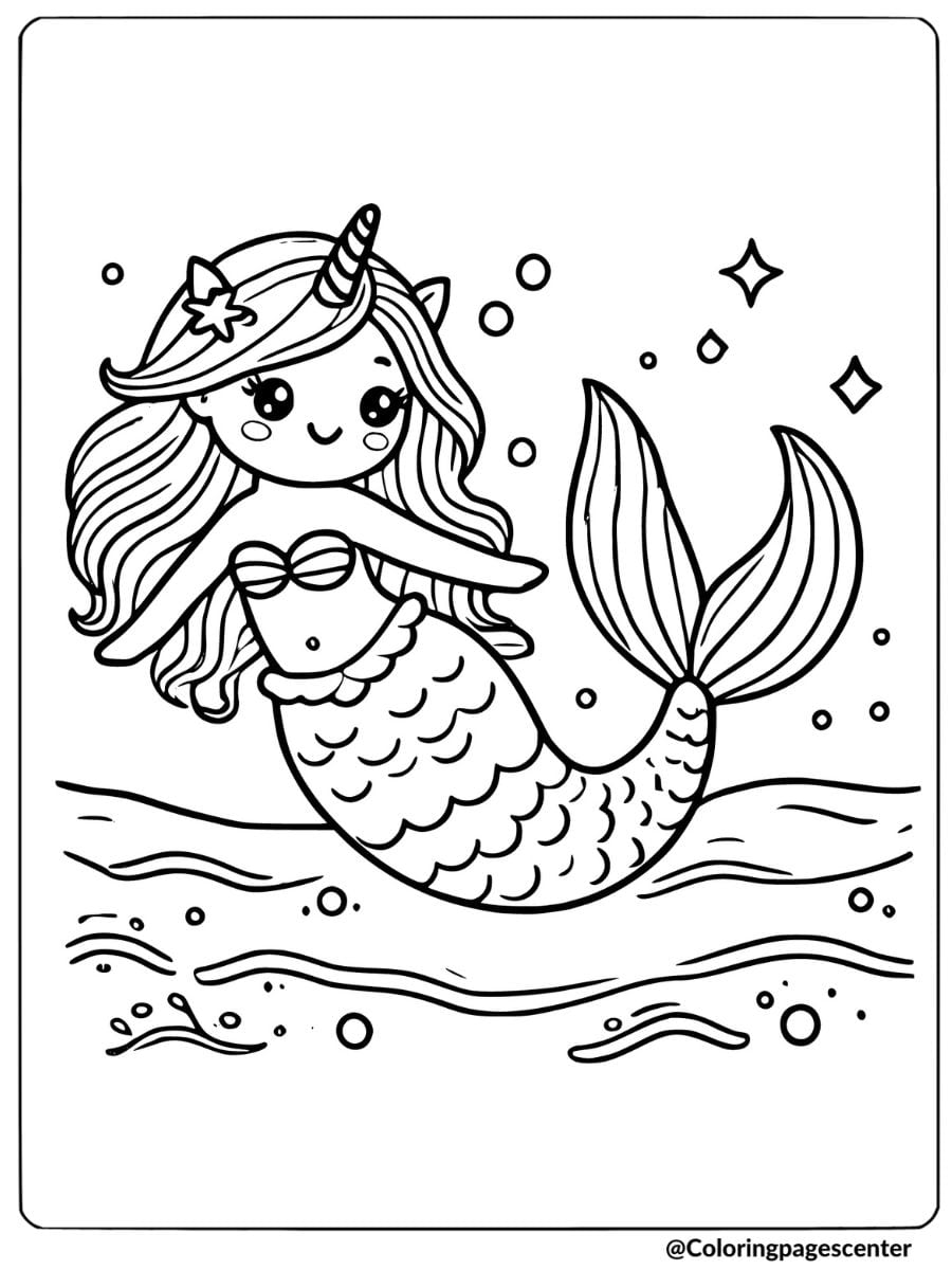 Mermaid unicorn girl swimming in the ocean coloring page