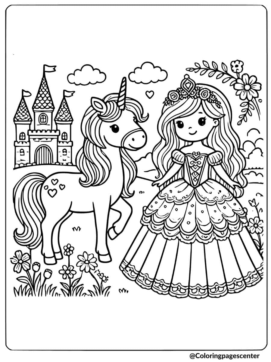 Princess standing with unicorn near a castle coloring page