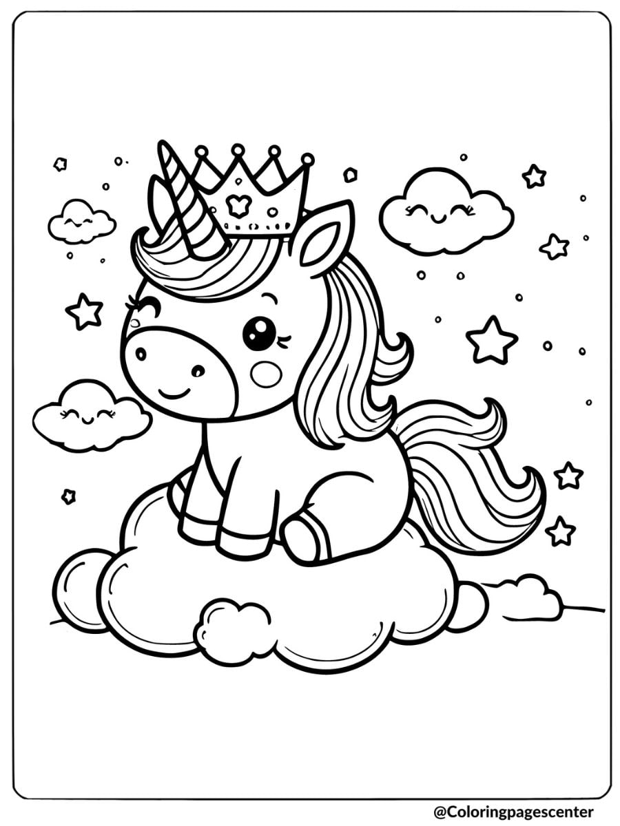 Princess unicorn sitting on a cloud with a crown coloring page