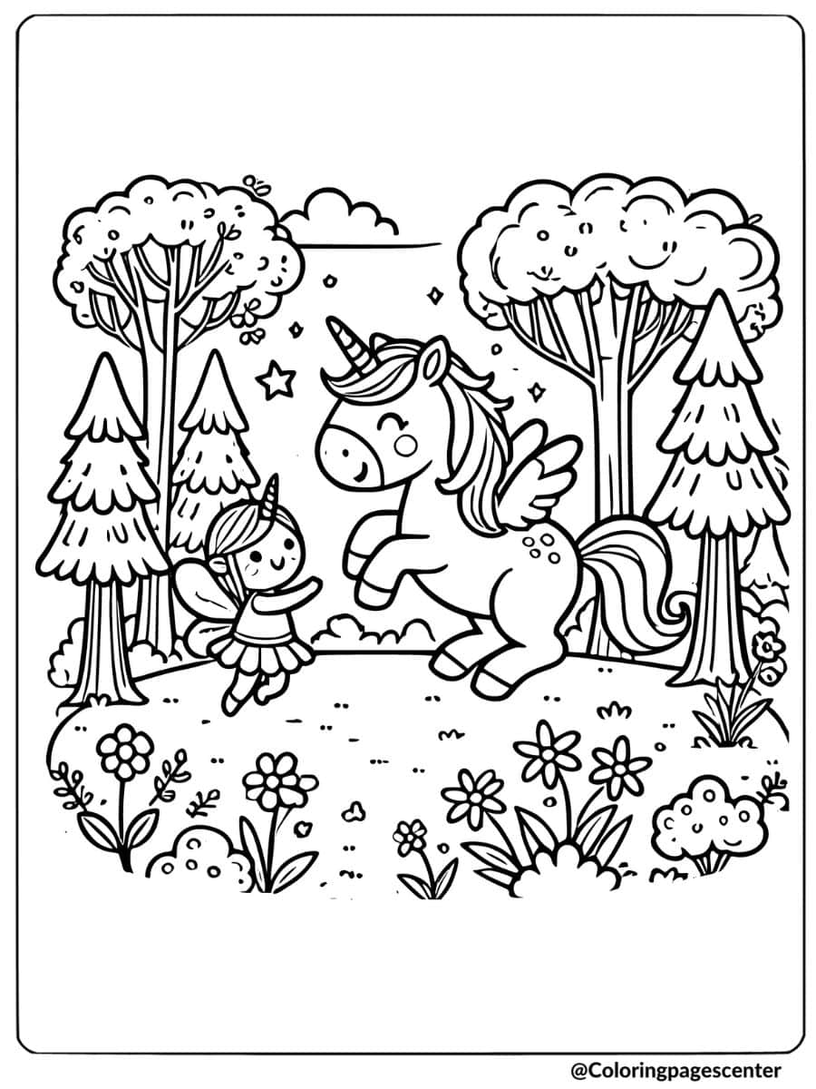 Unicorn and fairy in an enchanted forest coloring page