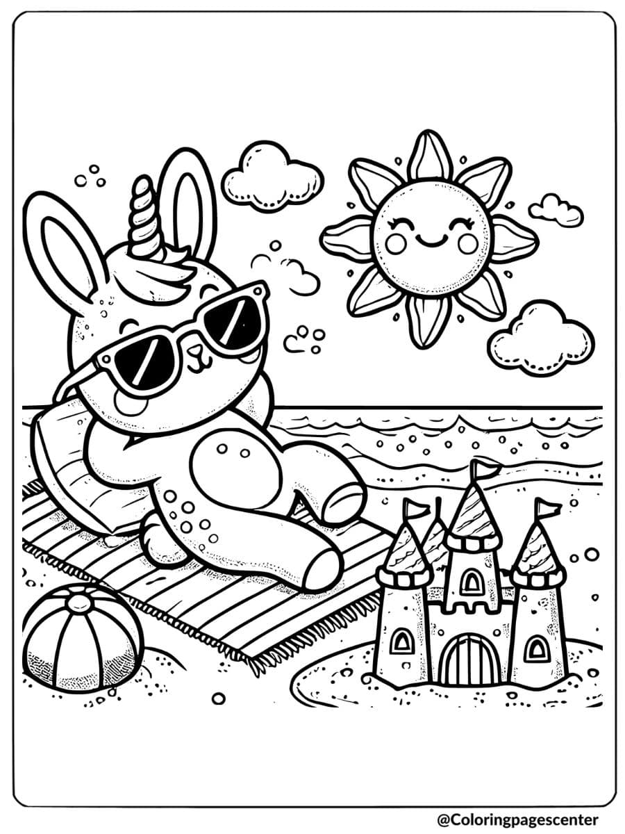 Unicorn bunny relaxing on the beach coloring page