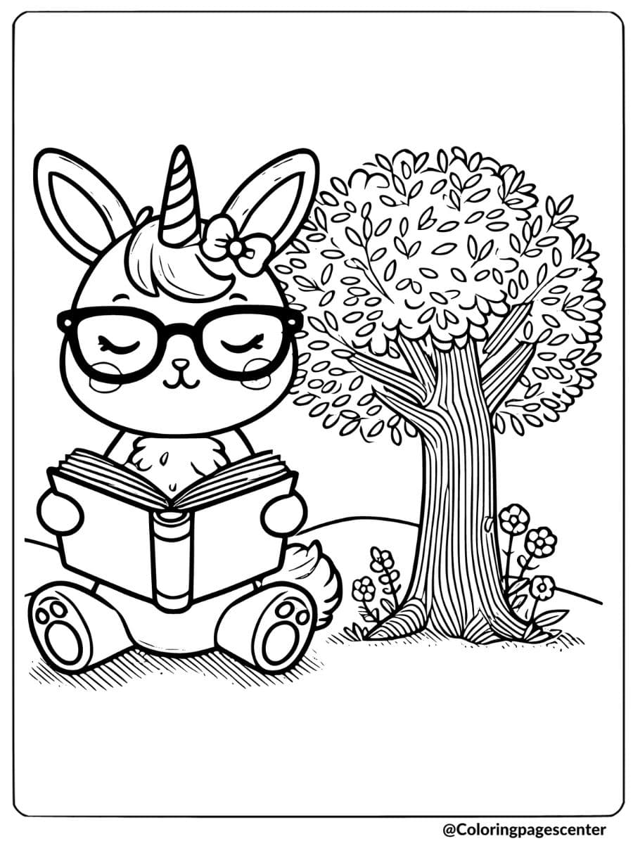 Unicorn bunny wearing glasses reading a book coloring page