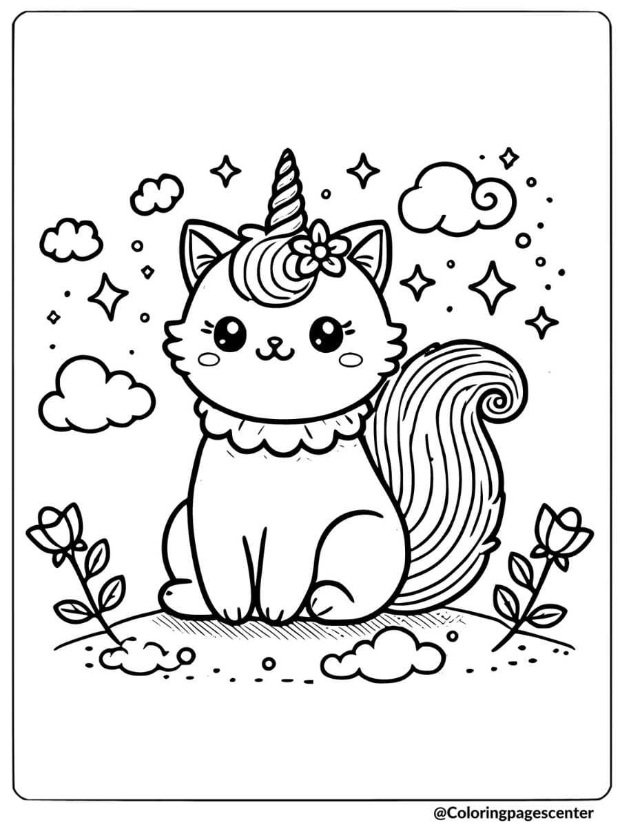 Cute unicorn cat sitting in a magical field coloring page