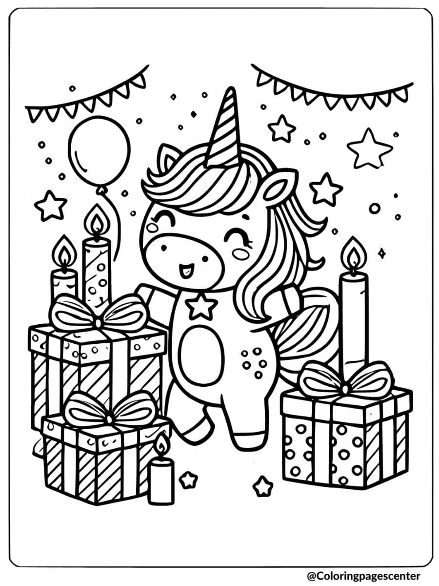 Unicorn surrounded by Christmas presents and candles coloring page