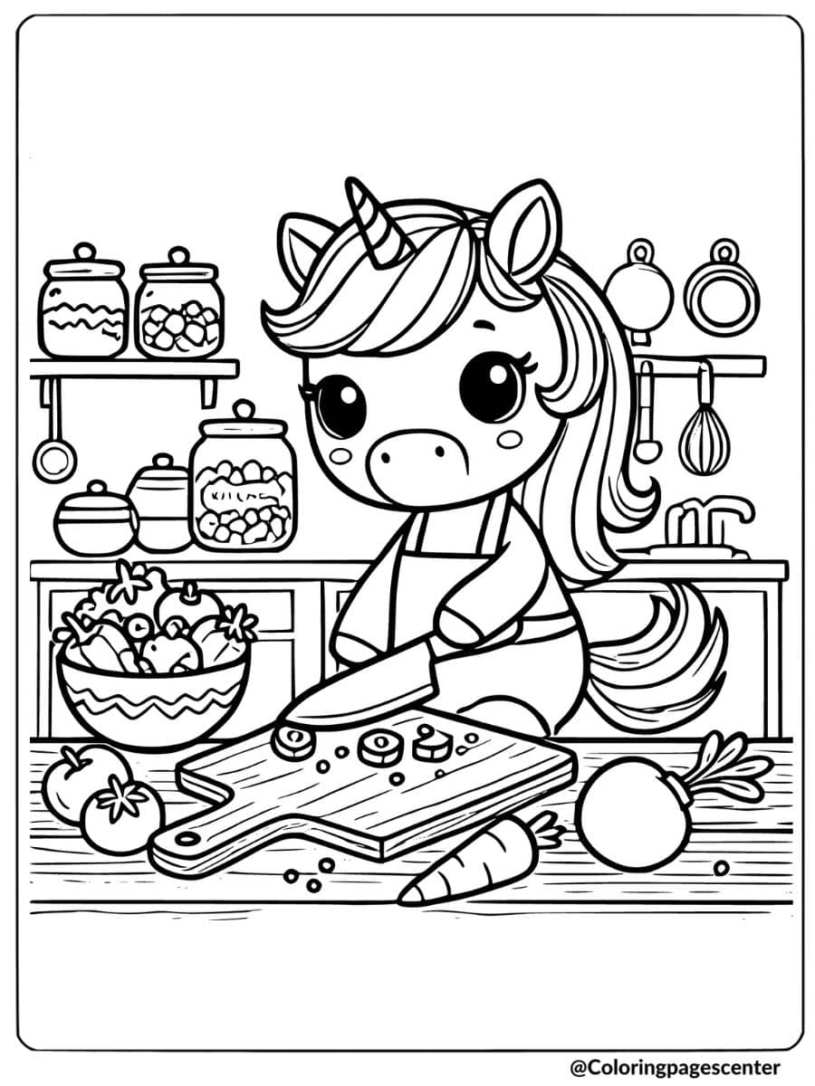 Unicorn cooking with vegetables in kitchen coloring page