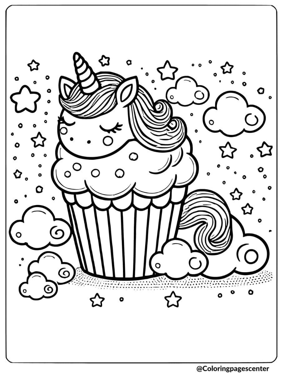 Adorable unicorn a cupcake coloring page