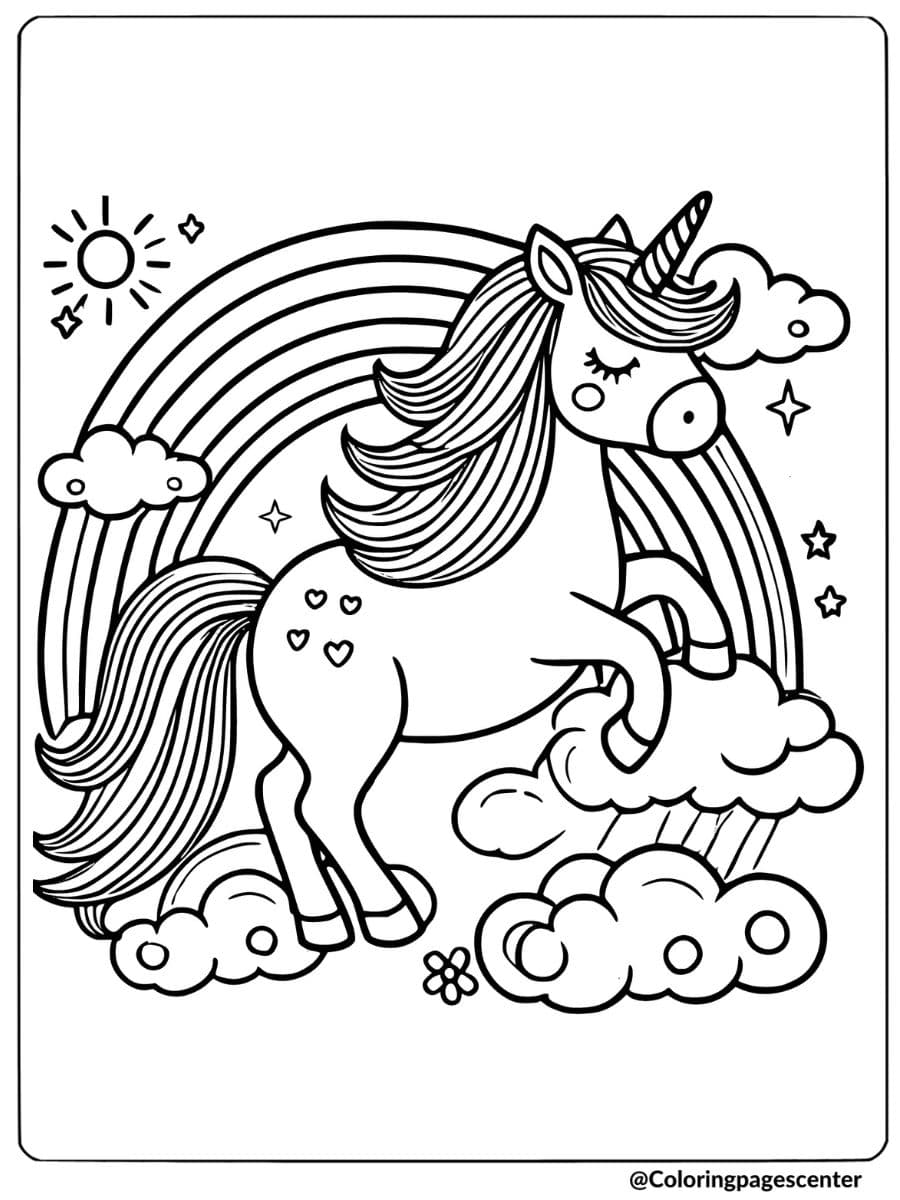 Unicorn leaping over a rainbow and clouds coloring page