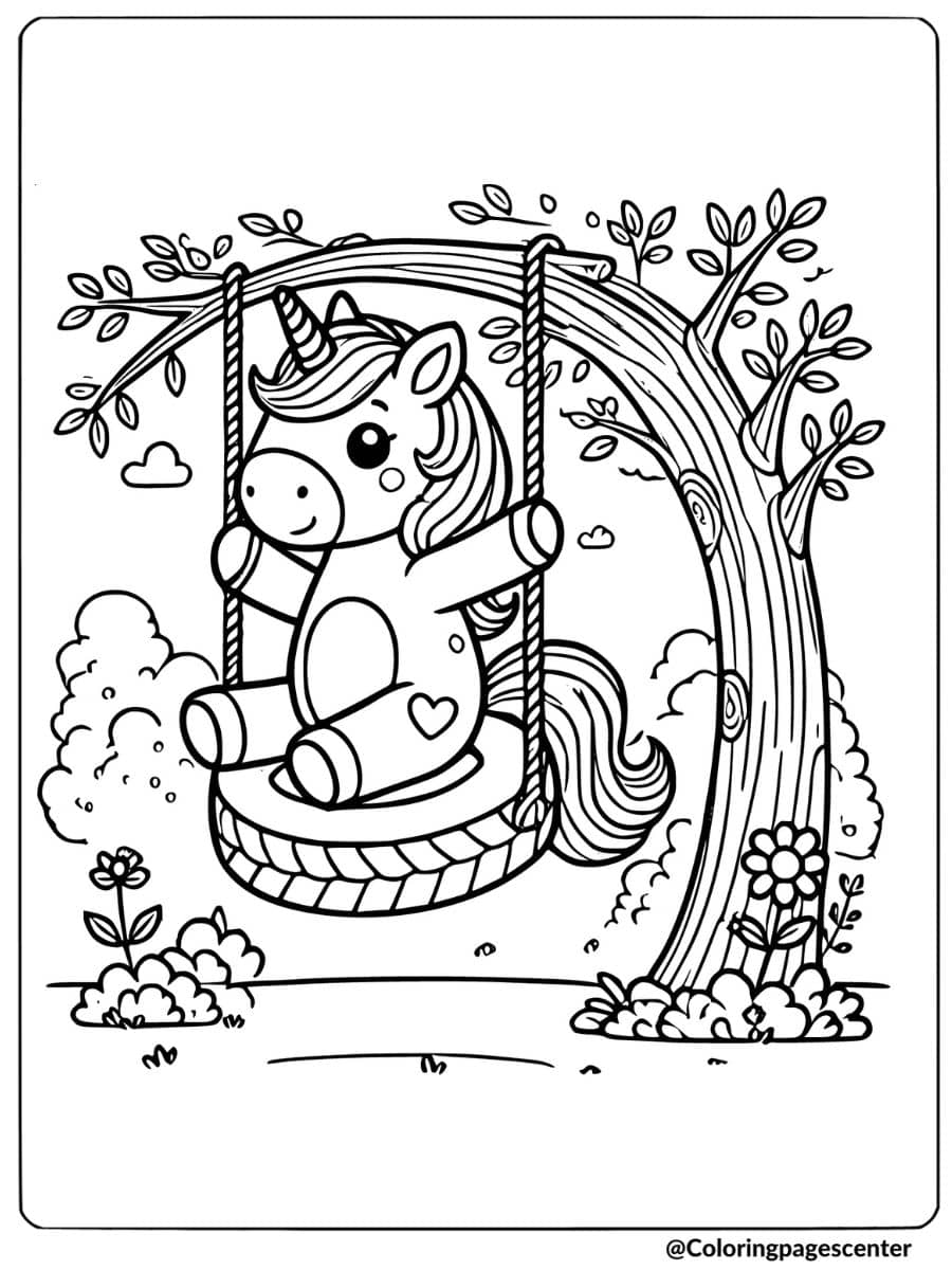 Unicorn sitting on a swing under a tree coloring page