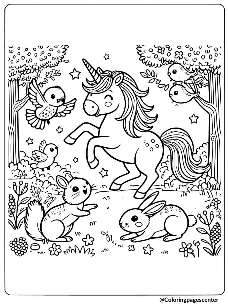 Unicorn playing with rabbits and birds in forest coloring page