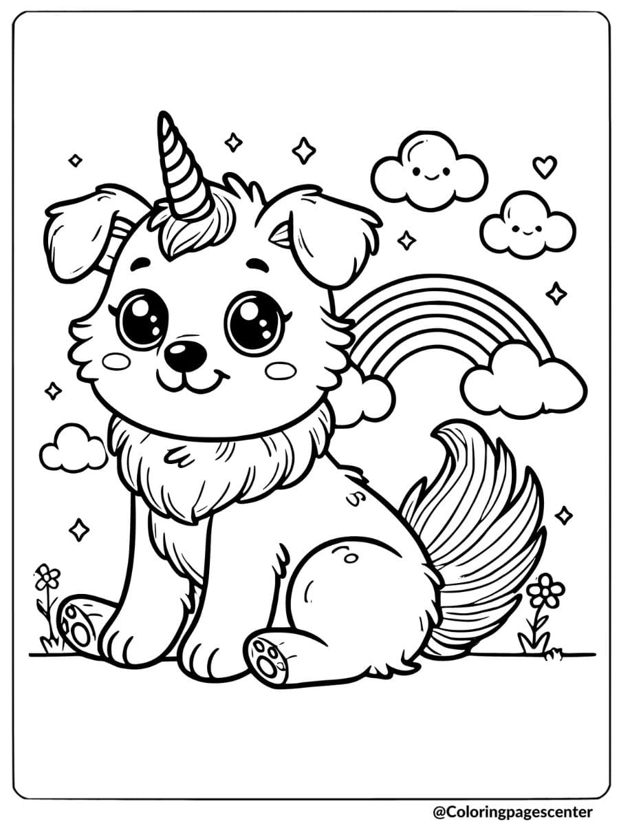 Unicorn puppy sitting with a rainbow in the background coloring page