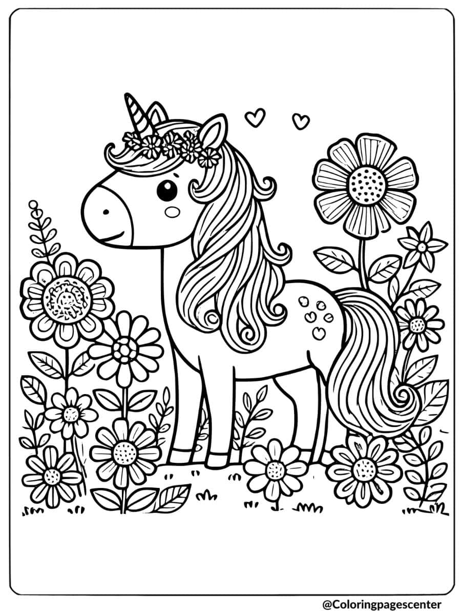 Unicorn standing among large flowers coloring page