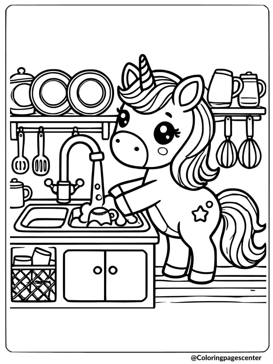 Unicorn washing dishes in the kitchen coloring page