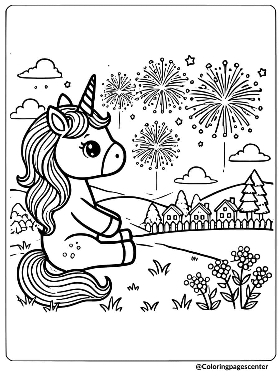 Unicorn sitting and watching fireworks coloring page
