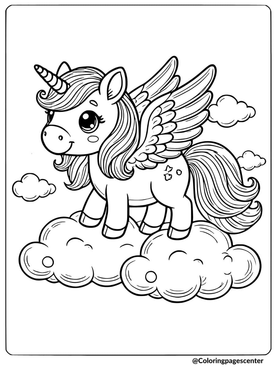 Winged unicorn standing on clouds coloring page