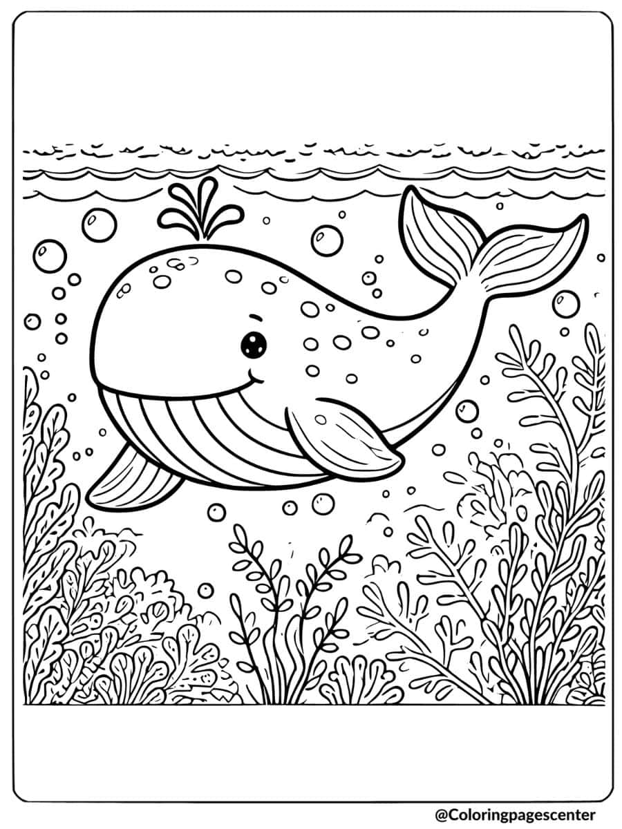 Happy whale swimming underwater coloring page